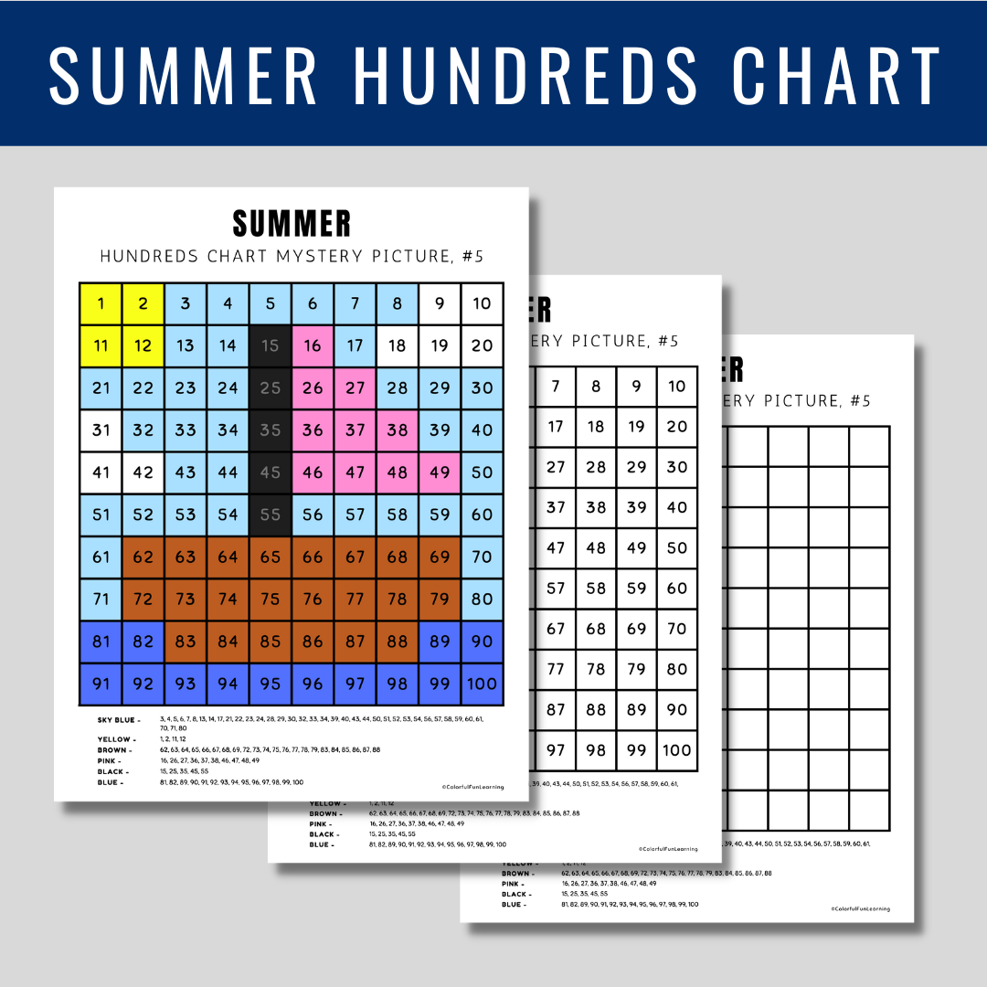 Summer coloring pages hundreds chart color by number mystery picture made by teachers
