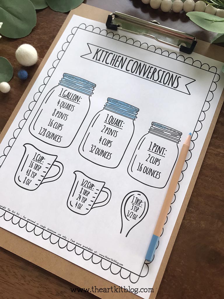 Kitchen conversion chart coloring page free printable â the art kit
