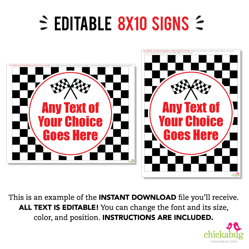 Checkered flag race car party signs editable instant download â