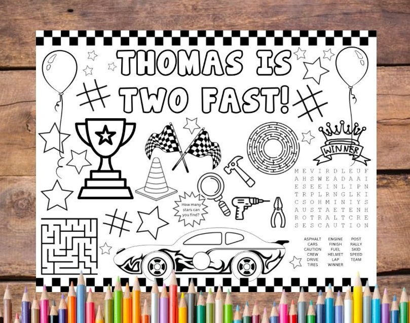 Customizable two fast race car birthday printable coloring page race car racing party favor two fast race car party activity placemat instant download