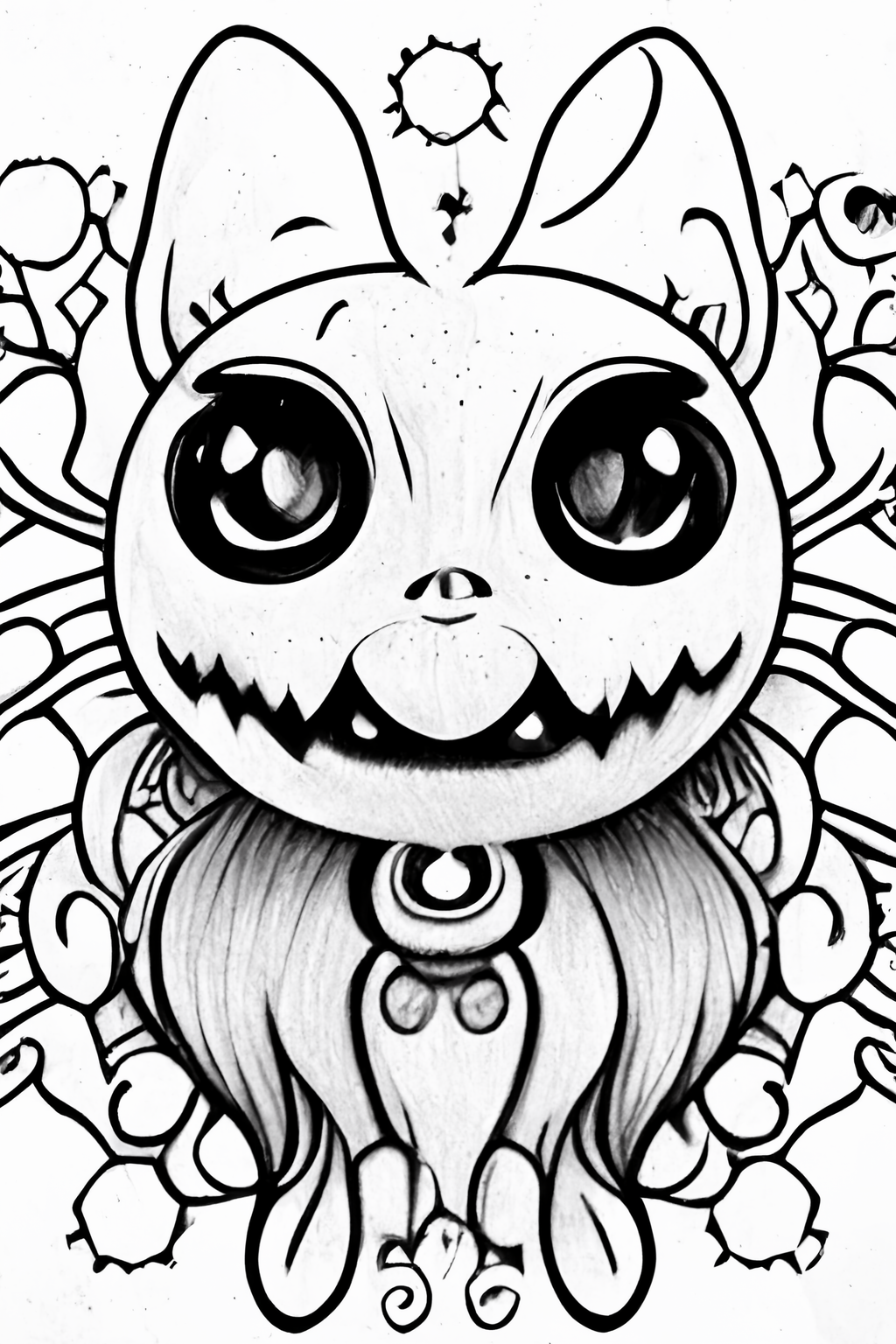Black and white psychedelic halloween horror chibi kawaii coloring page for adultskawaii printable outlined art festive intricate details crisp lines highly detailed