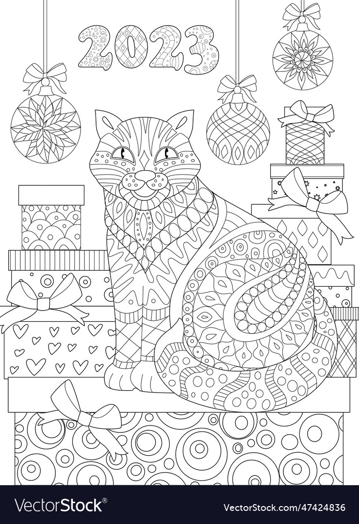 Coloring book page a smiling cat sits on stack vector image