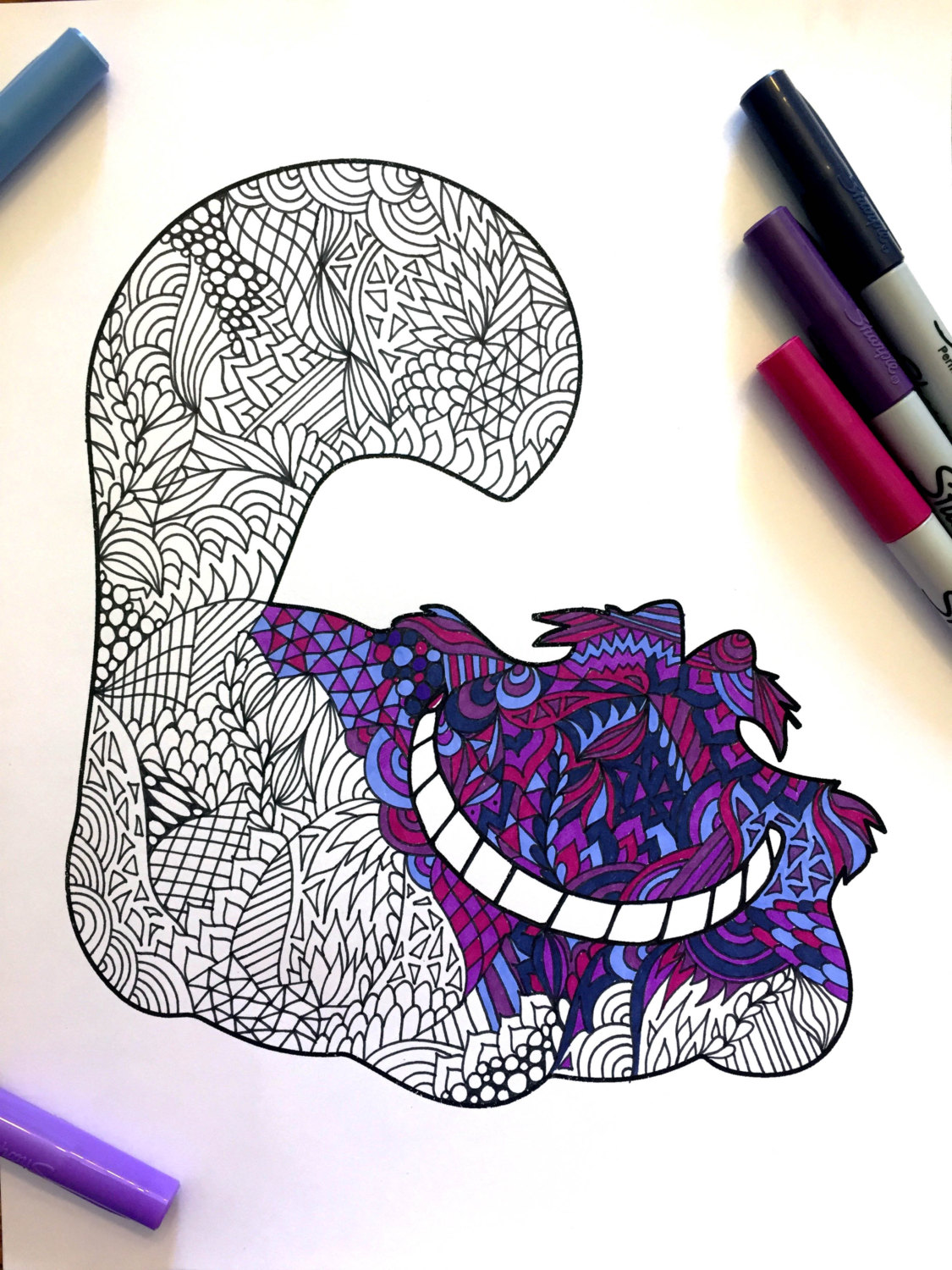 Cheshire cat silhouette â pdf zentangle coloring page â scribble stitch