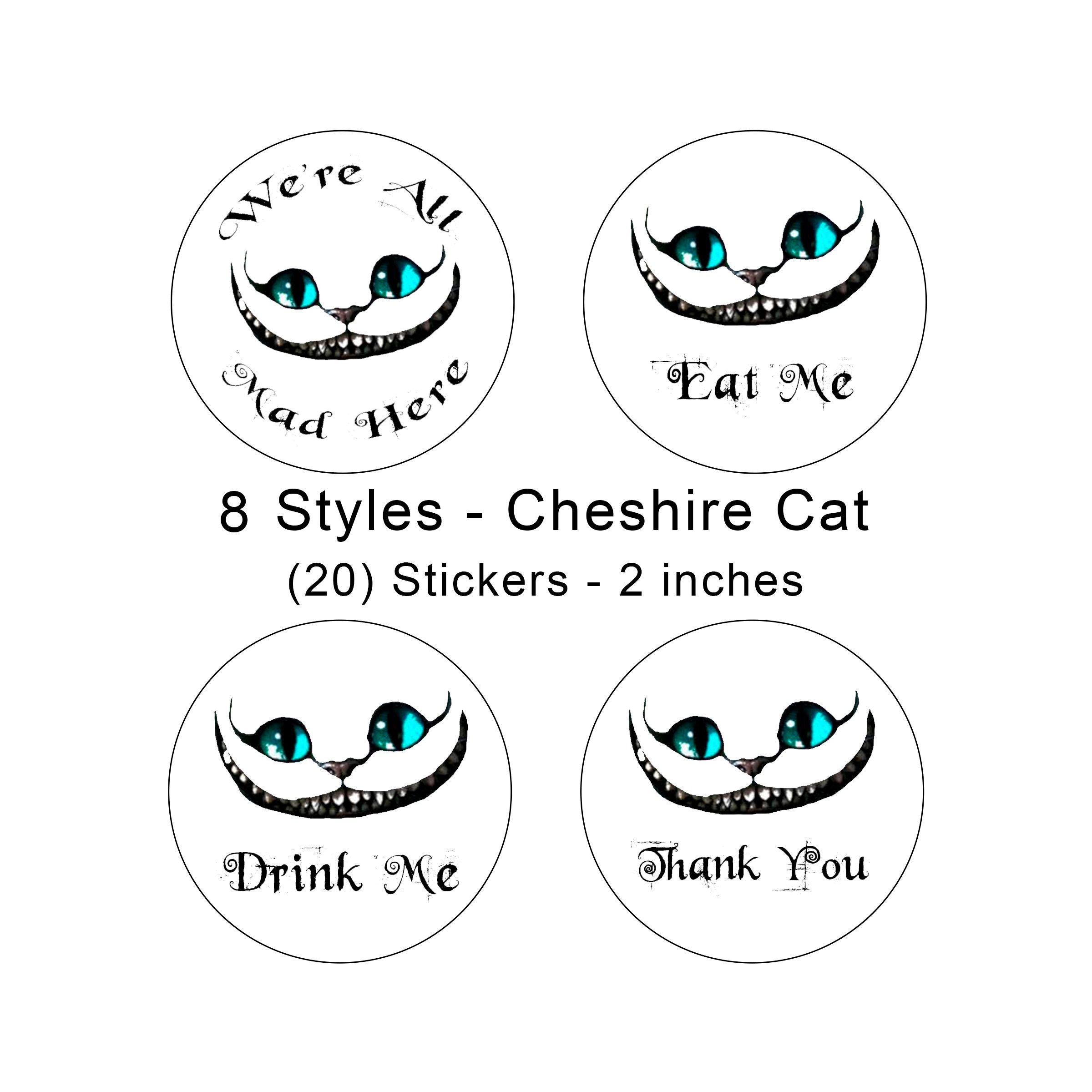 Cheshire cat stickers alice in wonderland stickers styles were all mad here tea party baby shower birthday favor bag inch