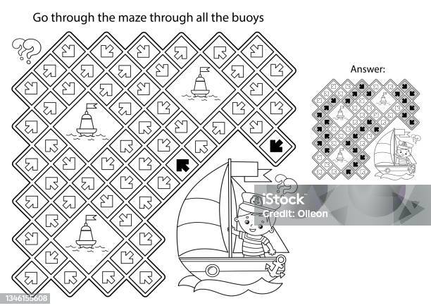 Maze or labyrinth game puzzle coloring page outline of cartoon sail ship with sailor sea travelling coloring book for kids stock illustration