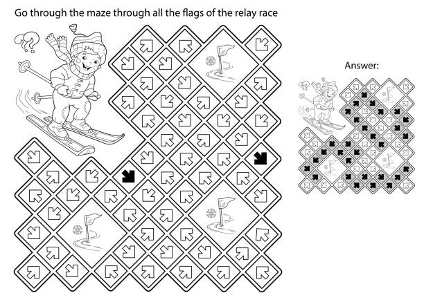 Maze or labyrinth game puzzle coloring page outline of cartoon boy skiing winter sports coloring book for kids stock illustration