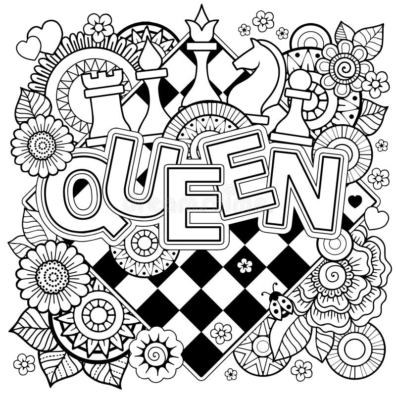 Vector coloring page for adults queen of chess black and white flower in a mandala style on a chess board stock vector