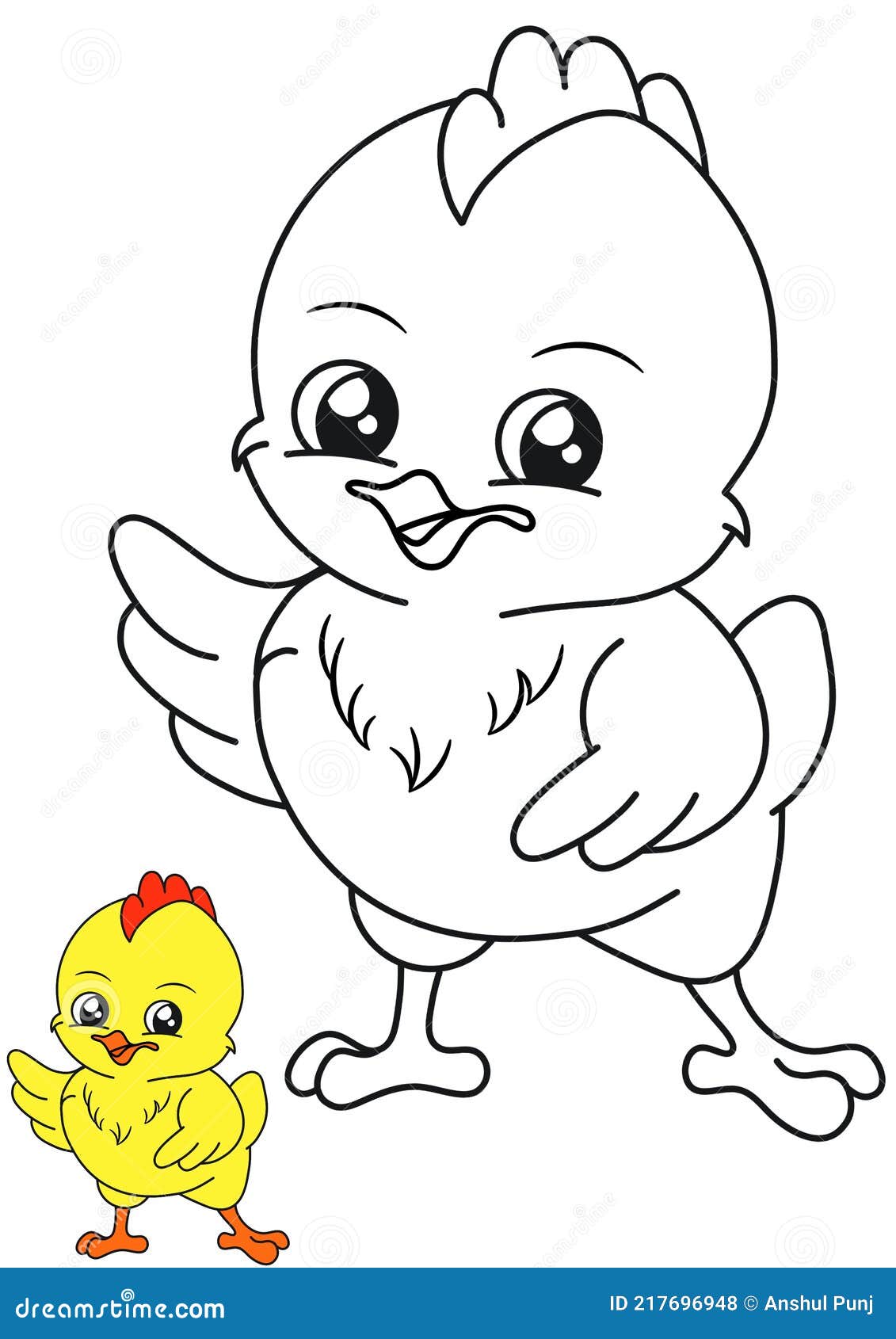 Coloring page illustration with cute cartoon chicken baby chick farm animals printable hand