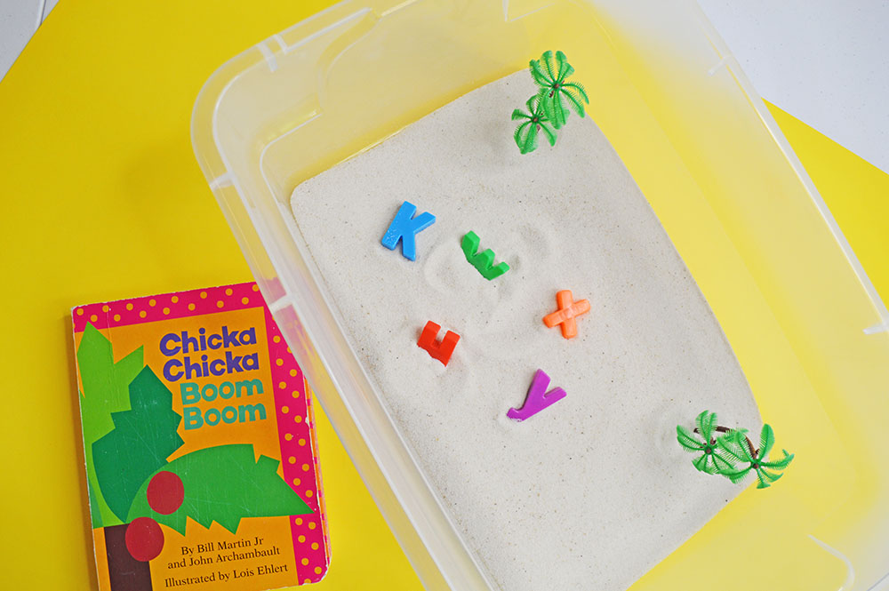 Chicka chicka boom boom sensory bin
