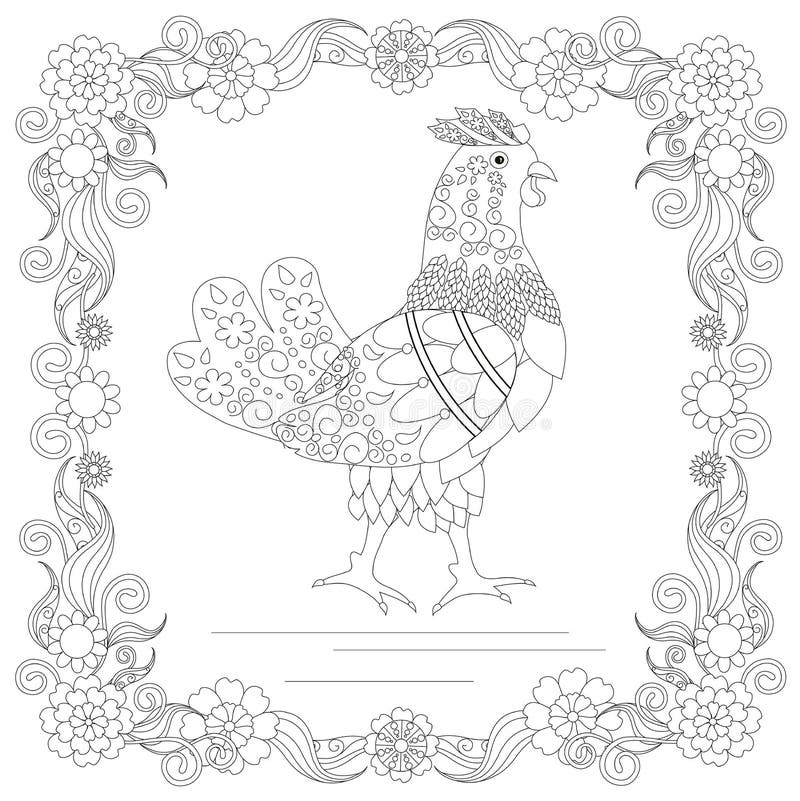 Zentangle style chicken in flower frame monochrome sketch coloring page antistress stock vector illustration stock vector