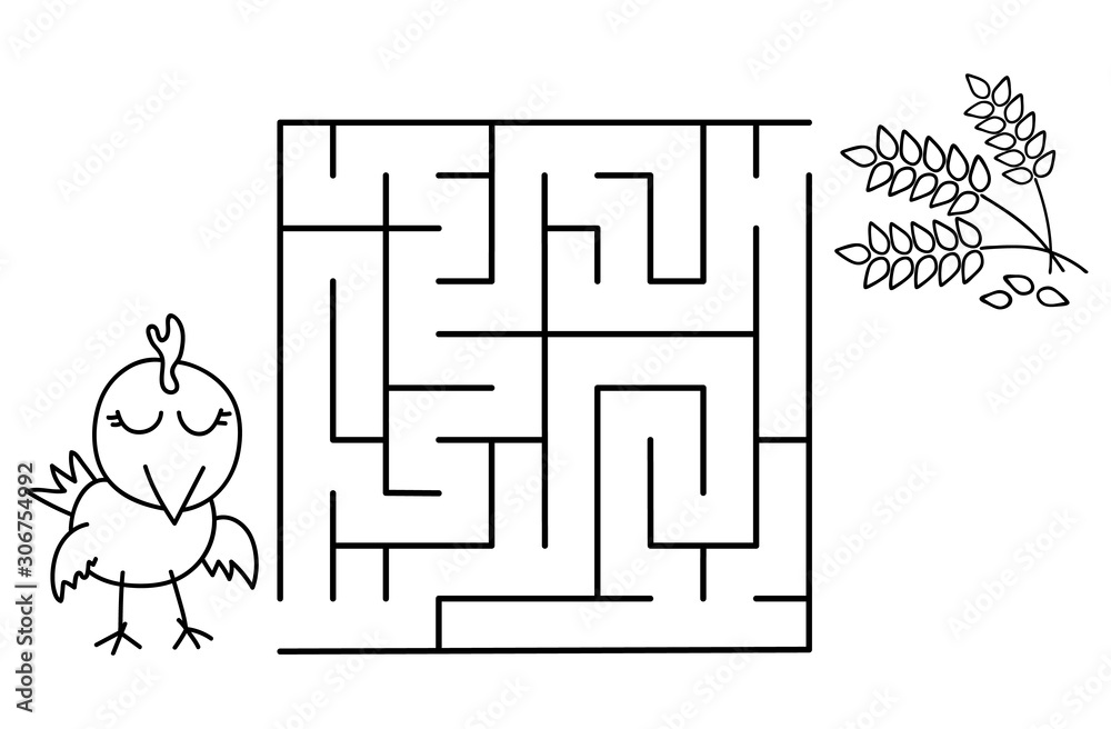 Black coloring pages with maze cartoon chicken and wheat kids education art game template design with pet on white background outline vector vector