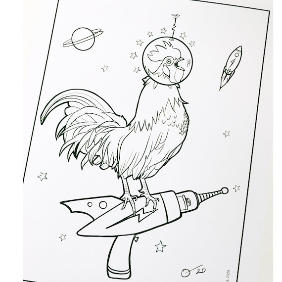 Instant download space chicken coloring page pocket full of