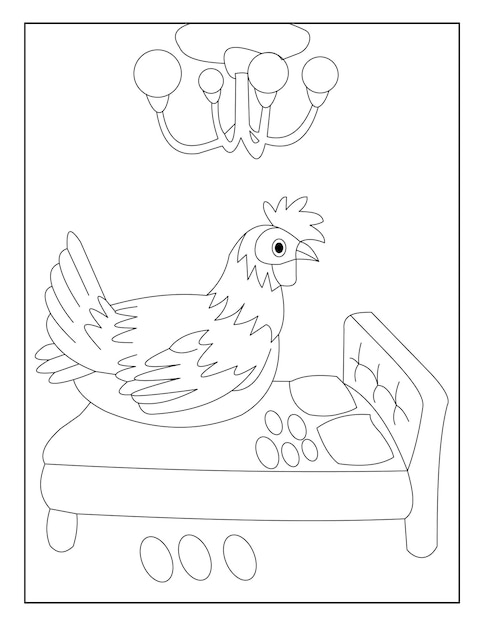 Premium vector chicken on the bed coloring page with background