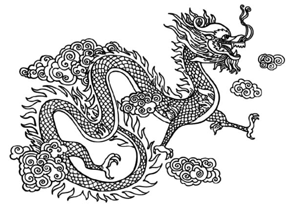 Chinese dragon fly over the clouds coloring pages