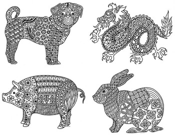 Animals of the chinese zodiac lunar new year coloring pages