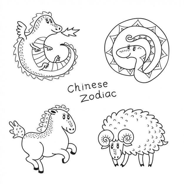 Premium vector set of the chinese zodiac signs dragon snake horse ram