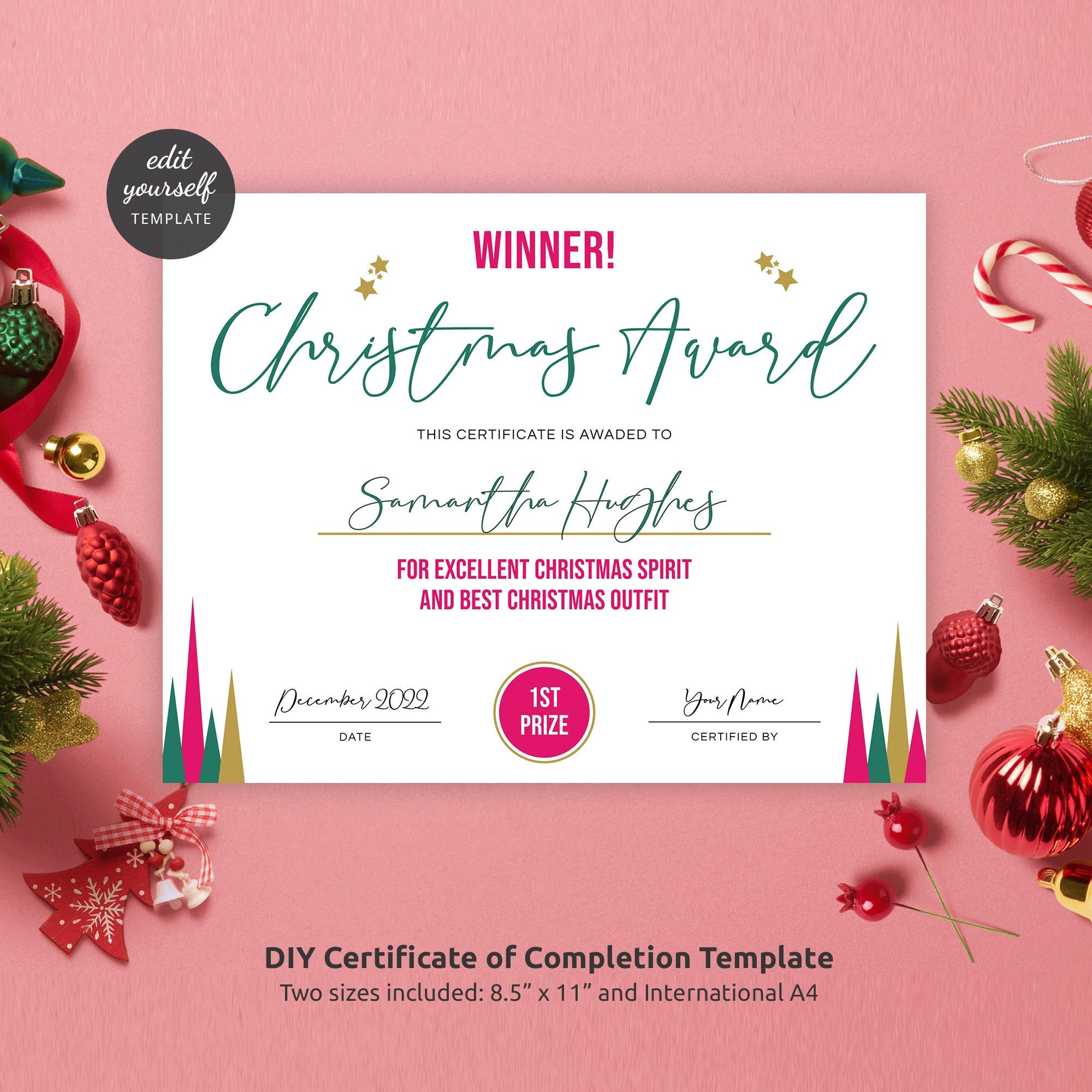 Custom christmas award template modern certificate of achievement printable instant xmas certificate editable festive first prize diploma instant download