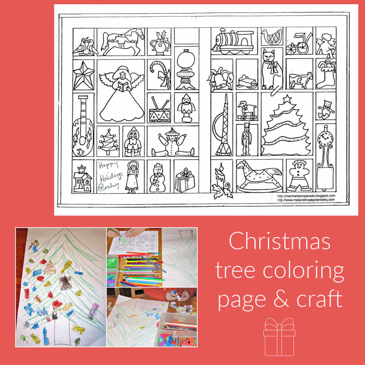 Christmas tree and toys coloring page plus activity