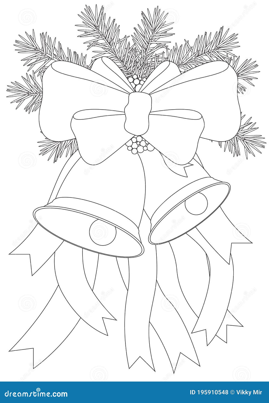 Coloring page with christmas bells and christmas tree for adults outline vector stock illustration with bell pine needles and stock vector