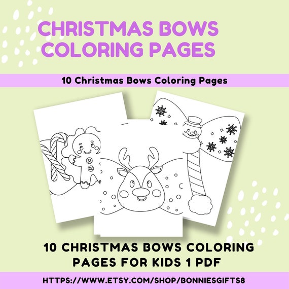 Printable christmas bows coloring pages digital download for children deer tree bow gingerbread instant download