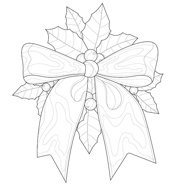 Premium vector bow and holly berrieschristmas decorationcoloring book antistress for children and adultszen