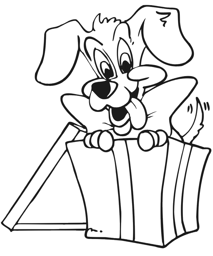 Christmas present coloring page puppy in gift box