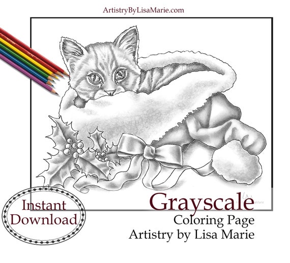 Christmas cat in hat coloring pages for adults holiday decor printable coloring book pdf artistry by lisa marie instant download