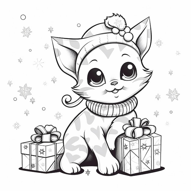 Premium ai image coloring pages for kids christmas cat with presents generative ai