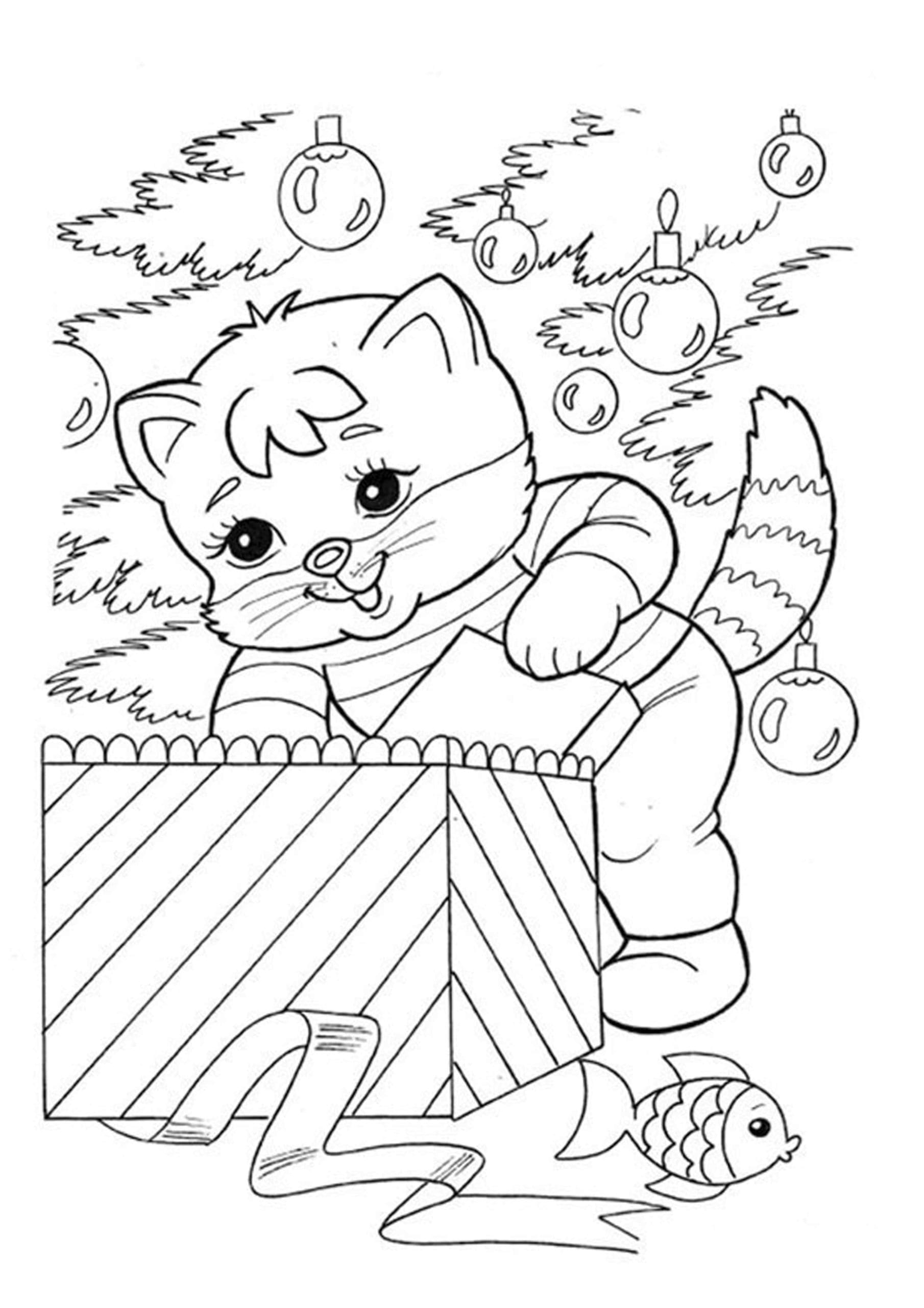 Cat and christmas present coloring page