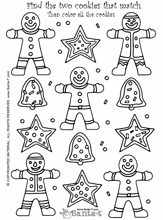 Christmas gingerbread cookie match activity and coloring page