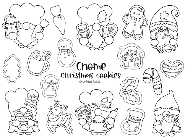Premium vector gnome christmas cookies doodle coloring pages
