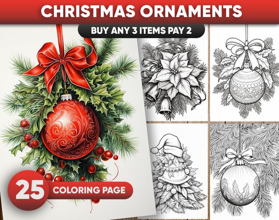 Christmas ornaments grayscale coloring pages for adults in jpgpdf file instant download printable coloring page instant download