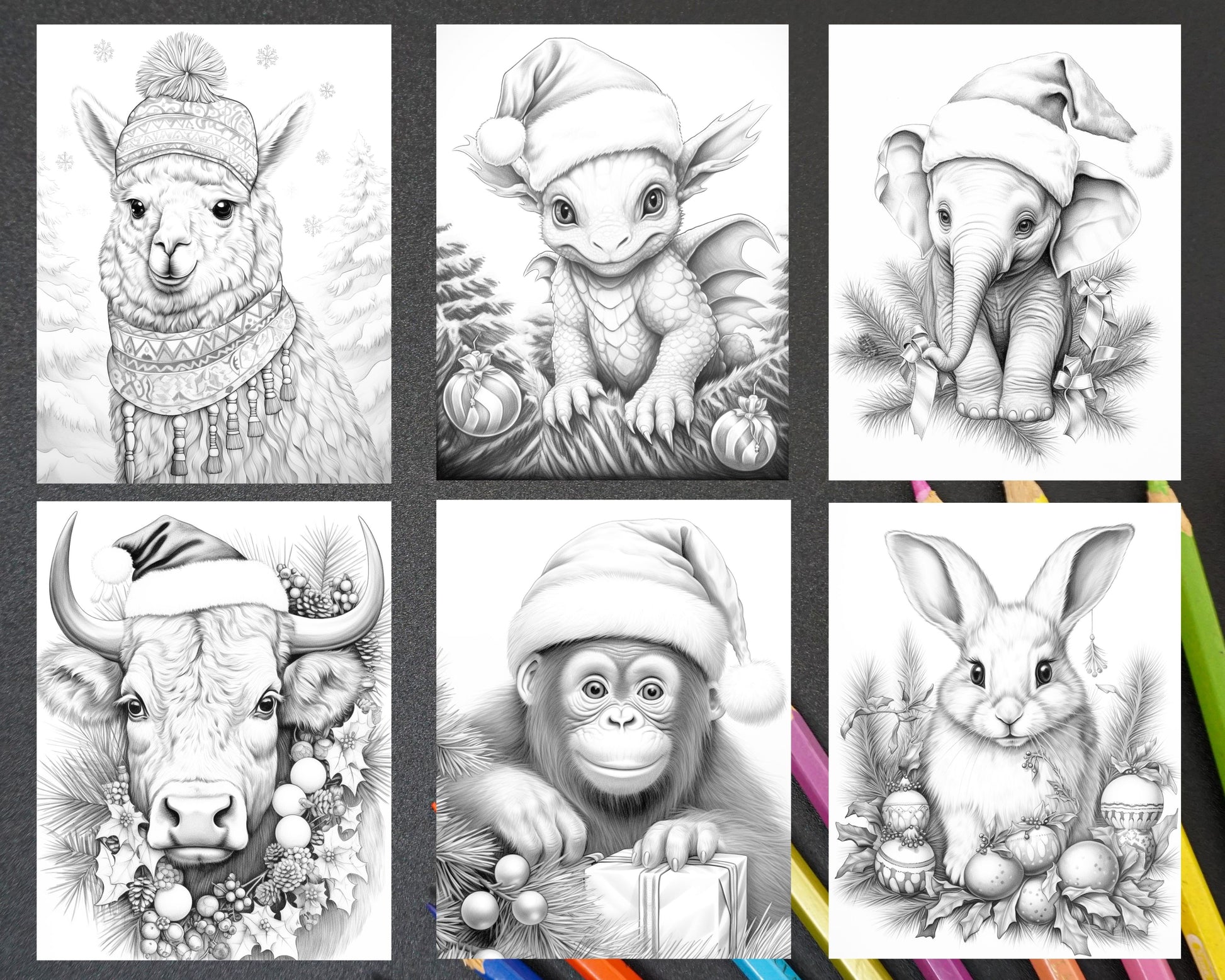 Christmas animals grayscale coloring pages printable for adults pd â coloring