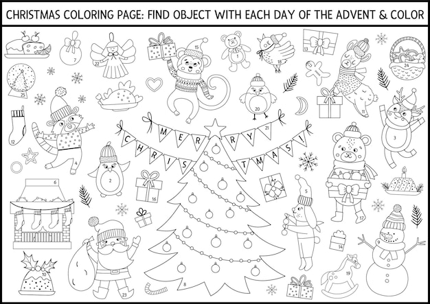 Premium vector vector black and white christmas coloring page and advent calendar with traditional holiday symbols cute winter planner for kids festive poster design with santa claus fir tree deer animals