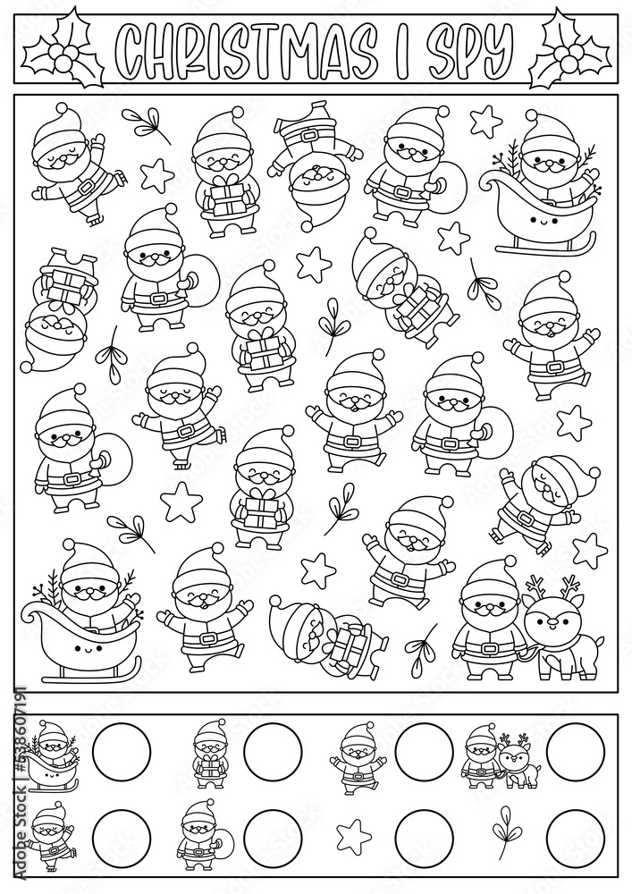 Christmas black and white i spy game for kids searching and counting line activity with cute kawaii holiday symbols winter printable worksheet coloring page new year puzzle with santa claus