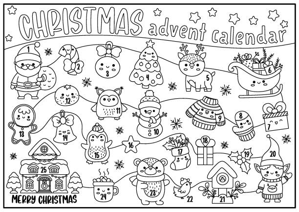 Vector black and white christmas maze like advent countdown calendar with holiday symbols line kawaii winter planner for kids festive new year coloring page with santa claus stock illustration