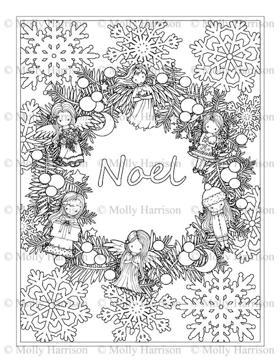 Noel christmas wreath with dolls coloring page printable