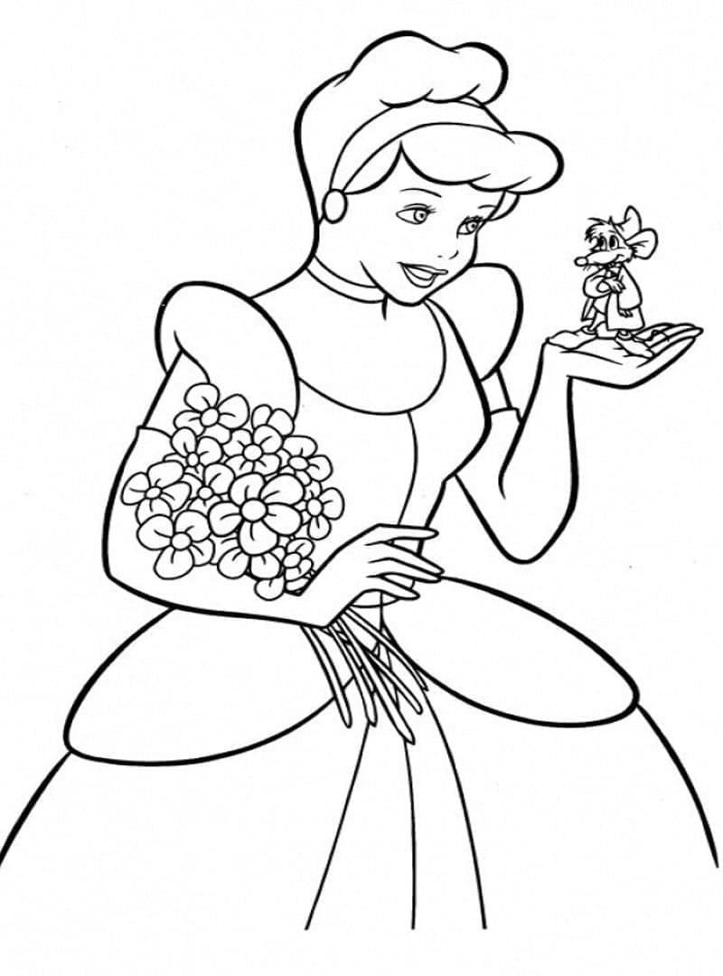 Princess cinderella and mouse coloring page
