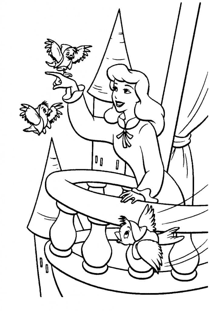 Princess cinderella and birds coloring page