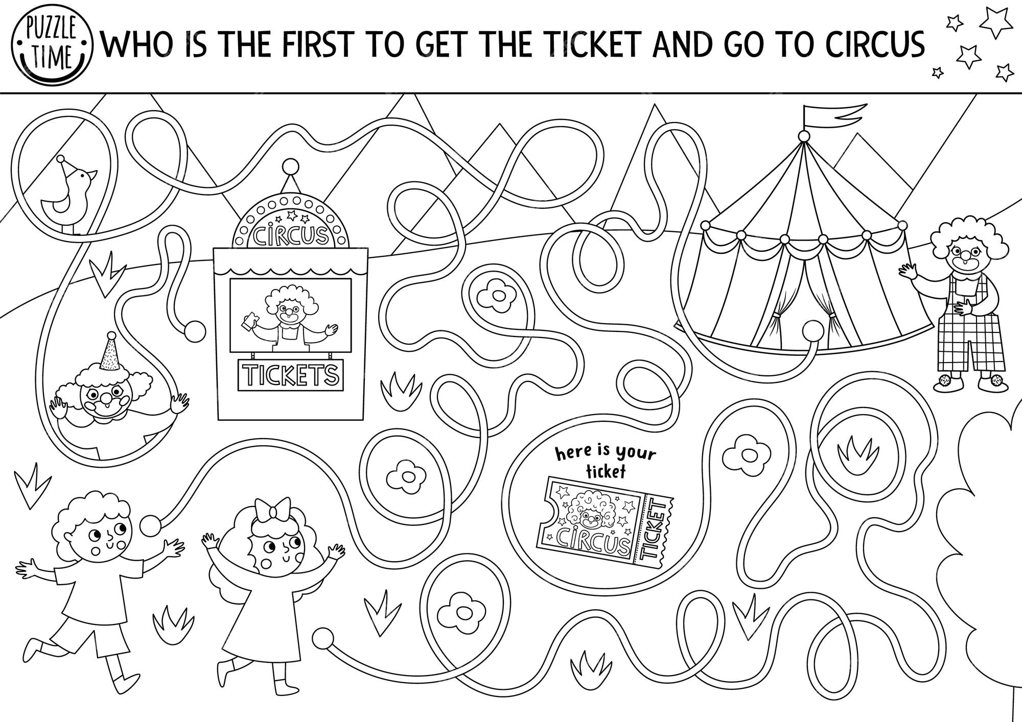 Premium vector circus black and white maze for kids with boy girl ticket amusement show line preschool printable activity with clown marquee entertainment petition labyrinth coloring pagexa