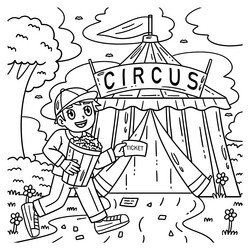 Child in front of a circus tent coloring page vector image