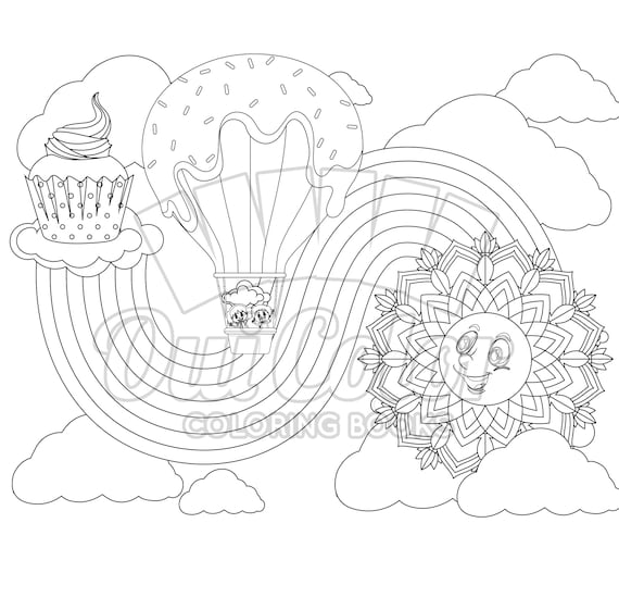 Printable adult coloring pages rainbow sun cloud rainbow coloring pack no instant download