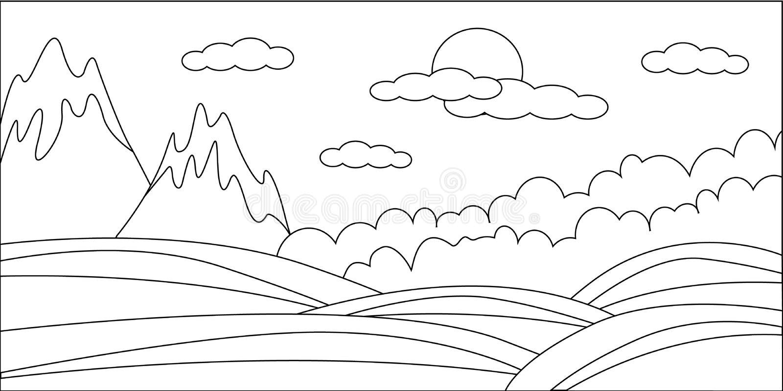 Printable coloring page for adults with mountain landscape forest trees clouds hand drawn illustration freehand sketch for stock illustration