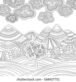 Hakuun printable coloring page adults mountain landscape liittyvã vektorikuva rojaltivapaa