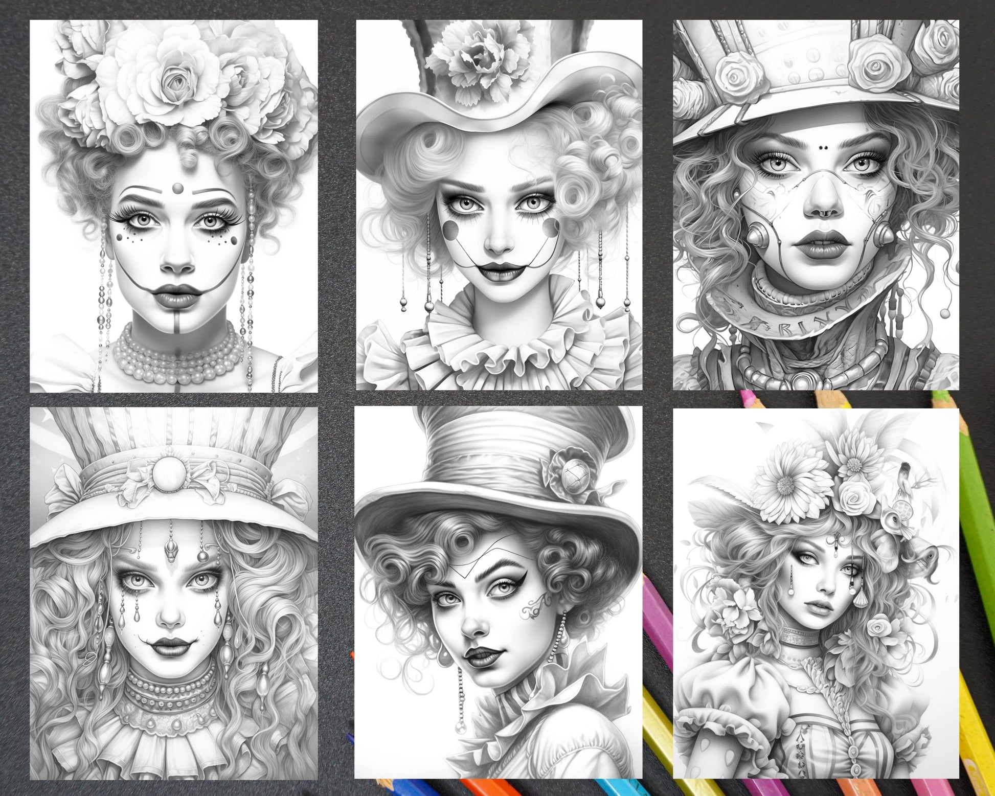 Beautiful clown girls grayscale coloring pages printable for adults â coloring