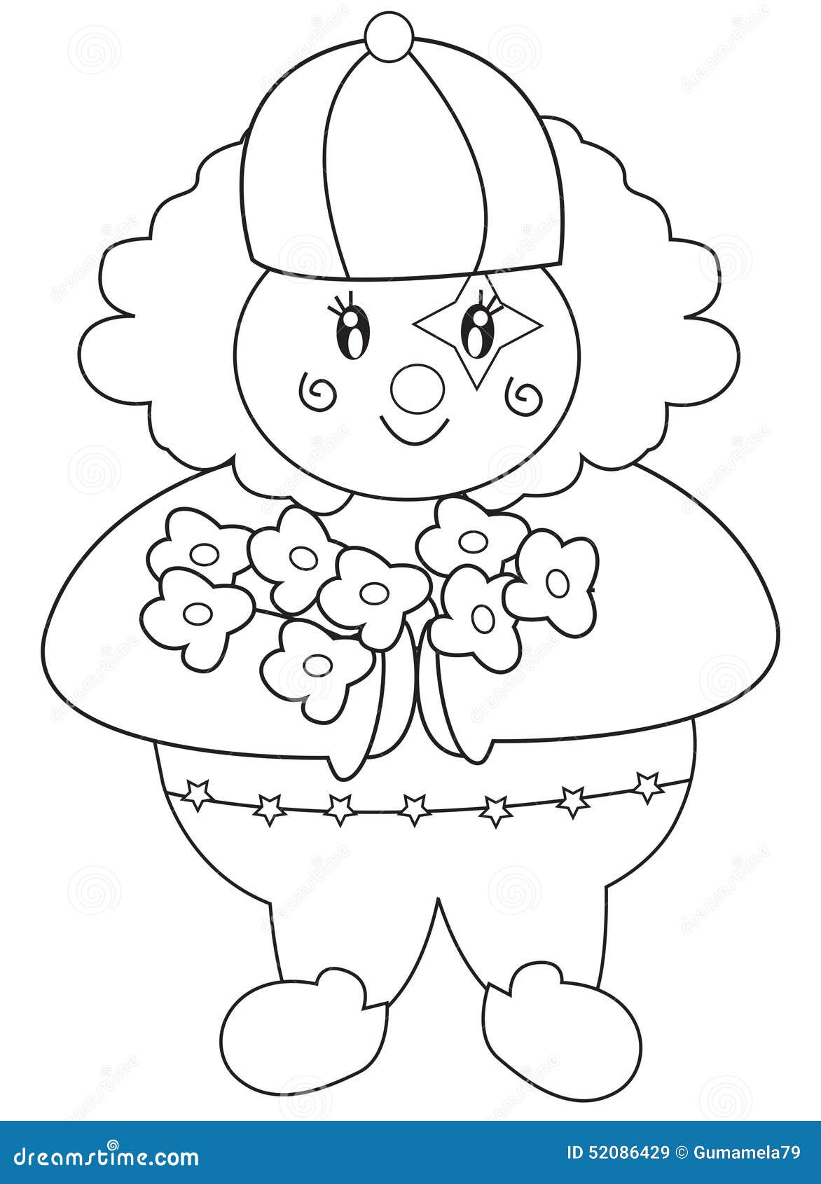 Clown with flowers coloring page stock illustration