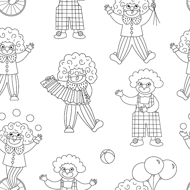 Premium vector vector black and white seamless pattern with clowns line circus artists repeat background amusement holiday digital paper or coloring page cute funny festival or street show edians texturexa