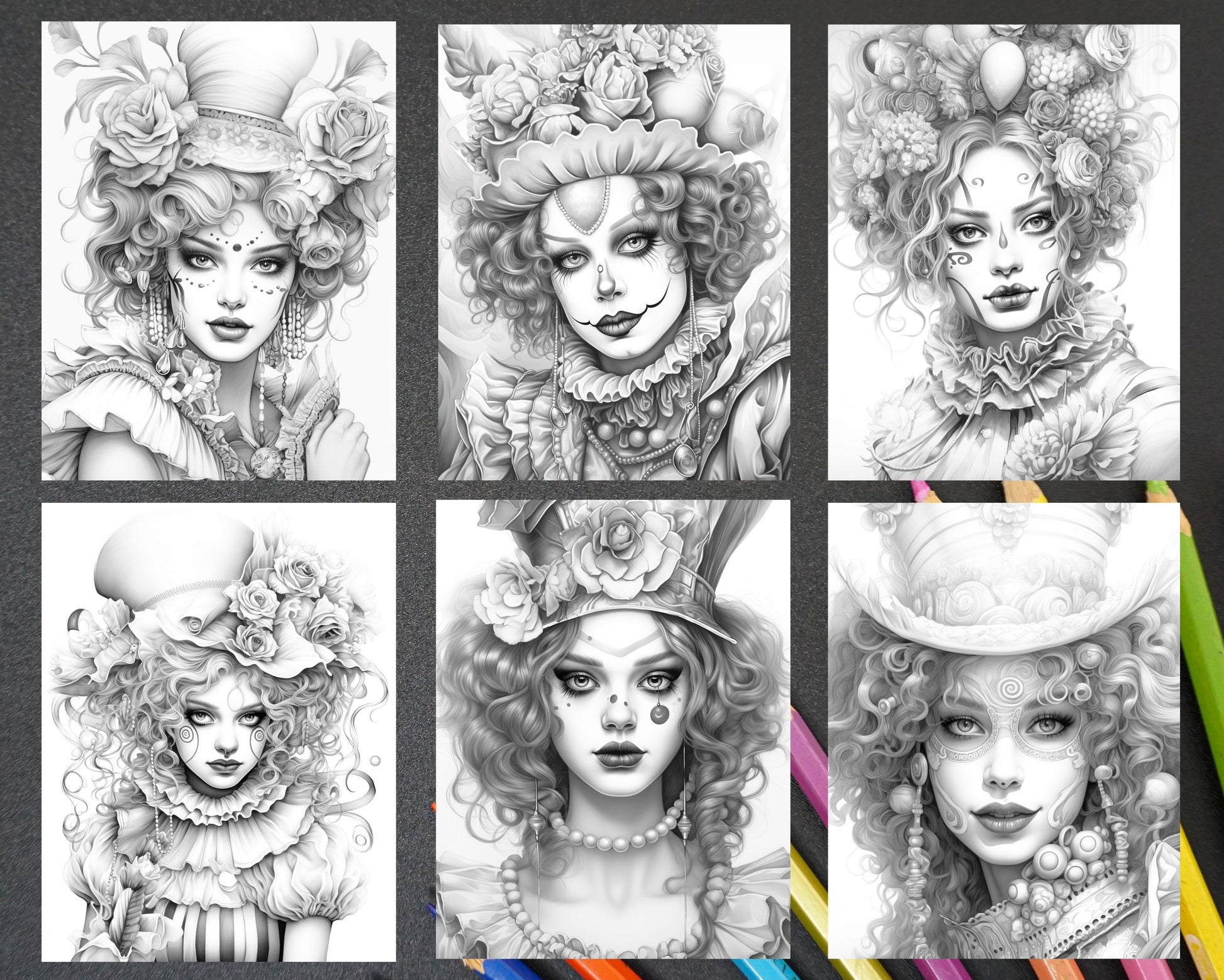 Beautiful clown girls grayscale coloring pages printable for adults â coloring