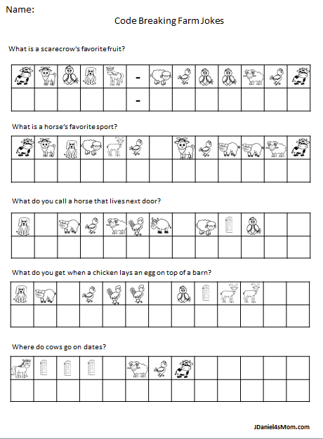 Farm jokes code breaker game with printable worksheets