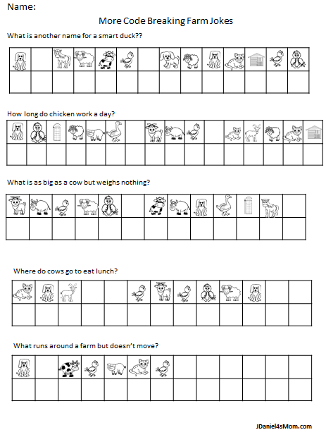 Farm jokes code breaker game with printable worksheets